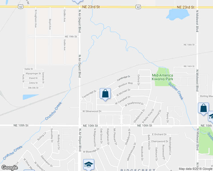 map of restaurants, bars, coffee shops, grocery stores, and more near 301 Cambridge Drive in Midwest City