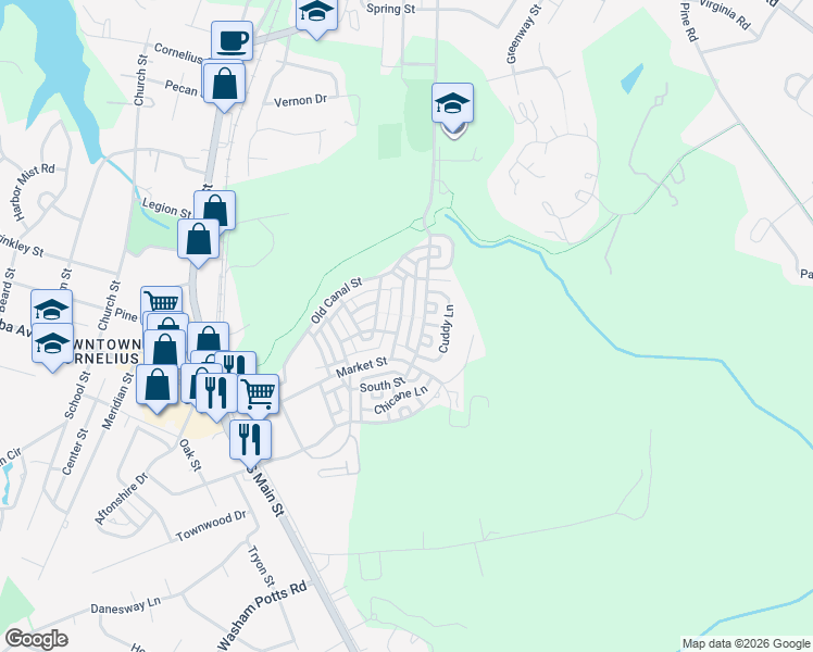 map of restaurants, bars, coffee shops, grocery stores, and more near 1147 Brighton Lane in Cornelius