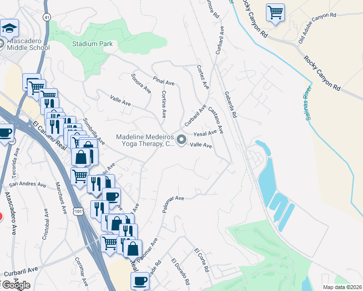map of restaurants, bars, coffee shops, grocery stores, and more near 7730 Valle Avenue in Atascadero