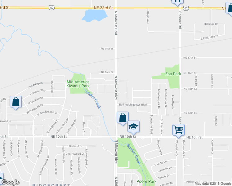 map of restaurants, bars, coffee shops, grocery stores, and more near 1329 North Midwest Boulevard in Oklahoma City