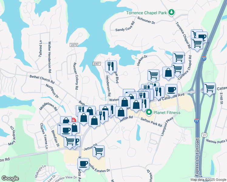 map of restaurants, bars, coffee shops, grocery stores, and more near 19819 West Catawba Avenue in Cornelius