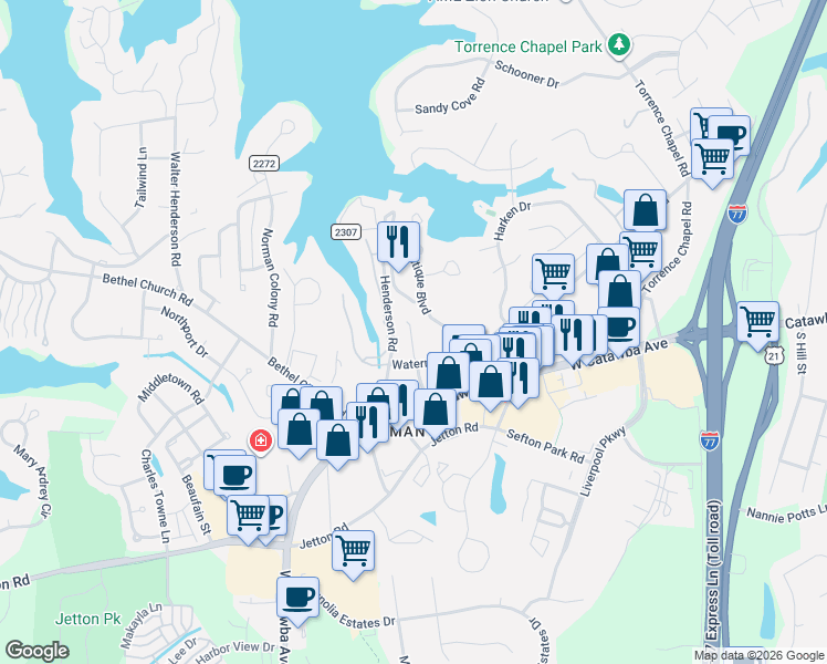 map of restaurants, bars, coffee shops, grocery stores, and more near 19819 West Catawba Avenue in Cornelius