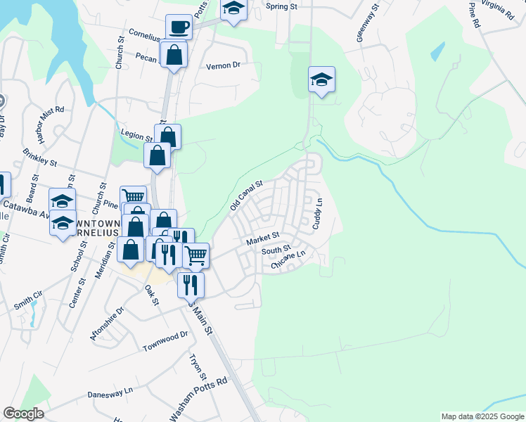 map of restaurants, bars, coffee shops, grocery stores, and more near 11407 Talleys Way in Cornelius