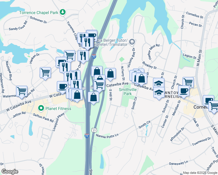 map of restaurants, bars, coffee shops, grocery stores, and more near 20701 Catawba Avenue in Cornelius