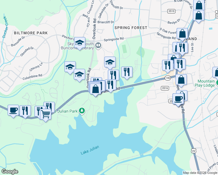 map of restaurants, bars, coffee shops, grocery stores, and more near 72 Long Shoals Road in Arden