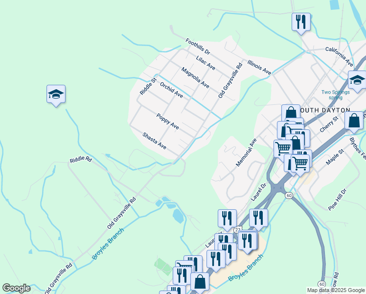 map of restaurants, bars, coffee shops, grocery stores, and more near 622 Old Graysville Road in Dayton