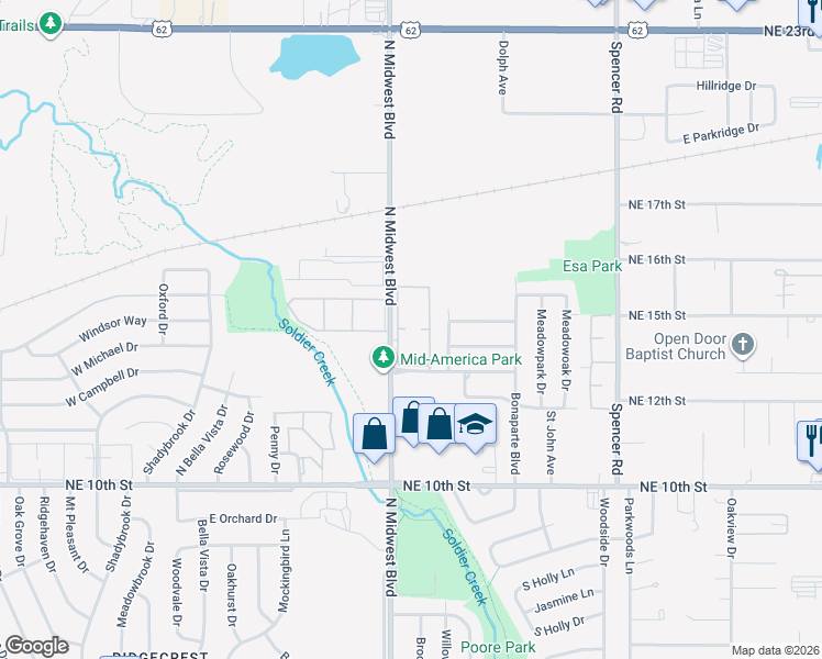 map of restaurants, bars, coffee shops, grocery stores, and more near 1312 North Midwest Boulevard in Midwest City