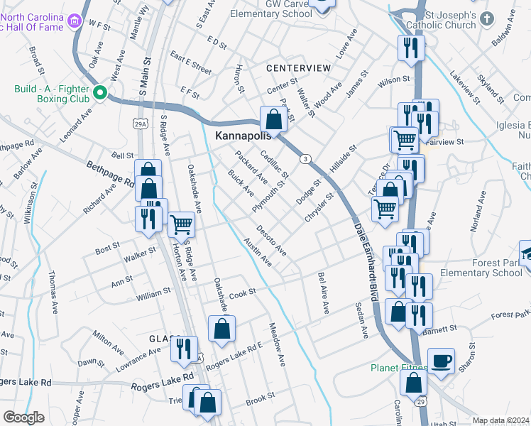 map of restaurants, bars, coffee shops, grocery stores, and more near 1004 Buick Avenue in Kannapolis