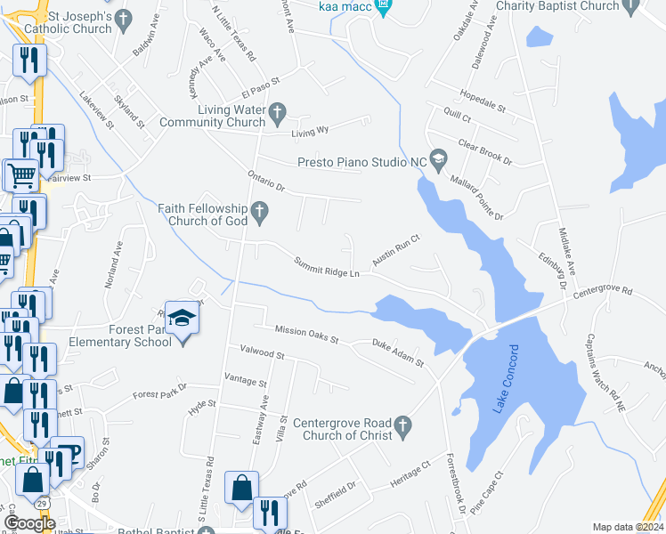 map of restaurants, bars, coffee shops, grocery stores, and more near 1707 Summit Ridge Lane in Kannapolis