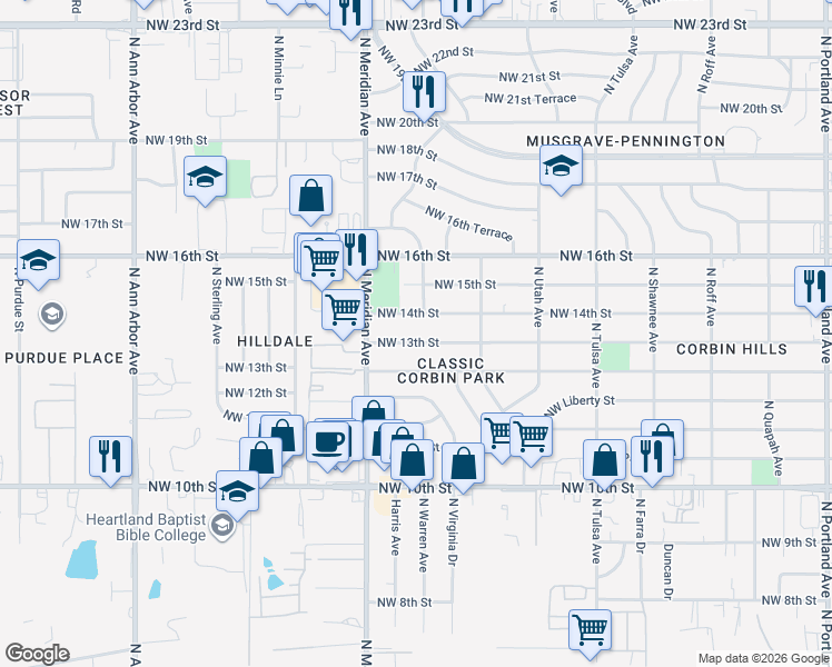map of restaurants, bars, coffee shops, grocery stores, and more near 4400 Northwest 14th Street in Oklahoma City