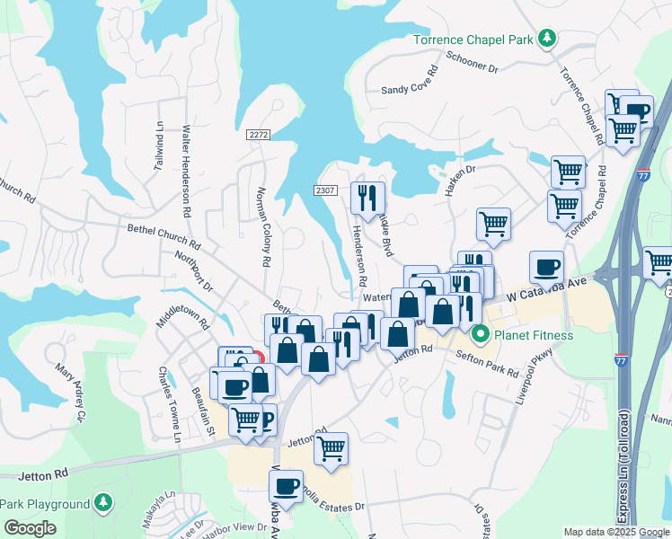 map of restaurants, bars, coffee shops, grocery stores, and more near 19827 Henderson Road in Cornelius