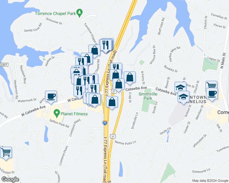map of restaurants, bars, coffee shops, grocery stores, and more near 18550 Catawba Avenue in Cornelius