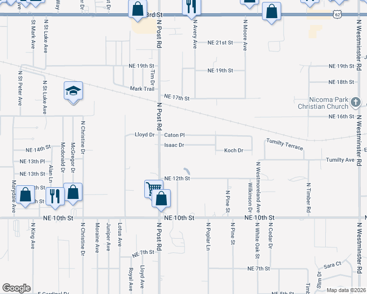 map of restaurants, bars, coffee shops, grocery stores, and more near 10027 Isaac Drive in Midwest City