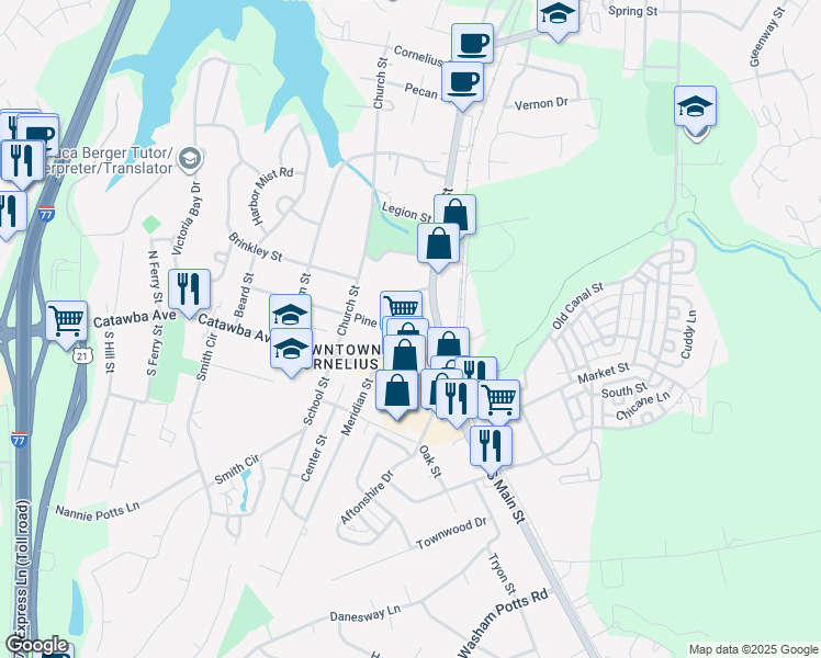 map of restaurants, bars, coffee shops, grocery stores, and more near 20219 North Main Street in Cornelius
