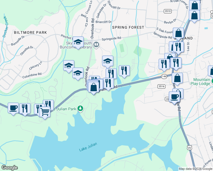 map of restaurants, bars, coffee shops, grocery stores, and more near 72 Long Shoals Road in Arden
