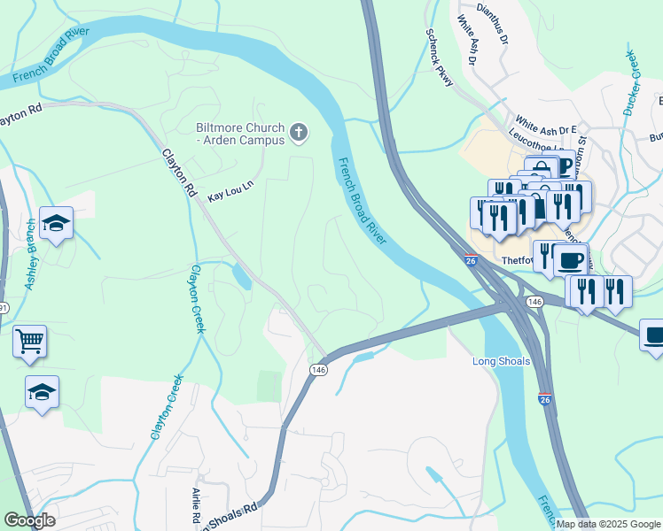 map of restaurants, bars, coffee shops, grocery stores, and more near 1000 Aventine Drive in Arden