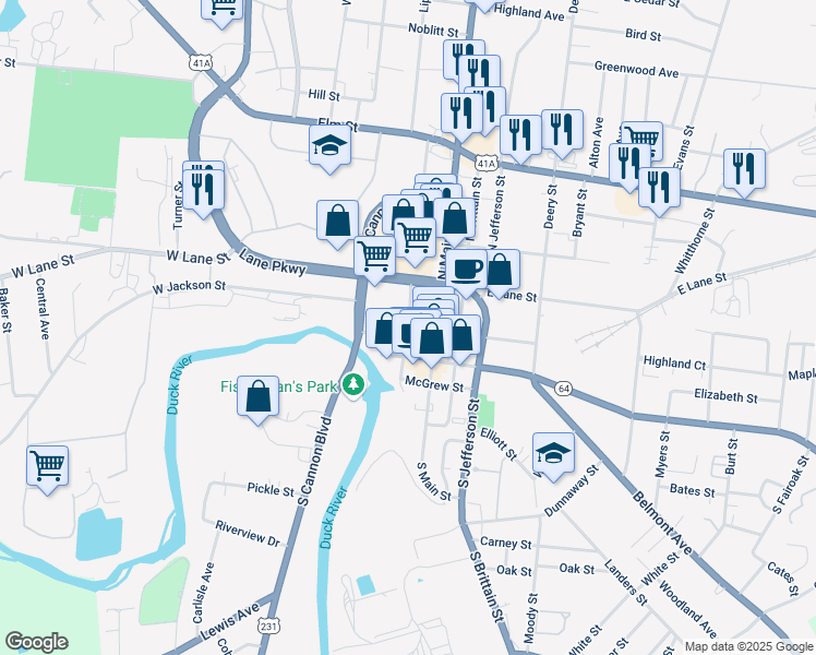 map of restaurants, bars, coffee shops, grocery stores, and more near 201 North Spring Street in Shelbyville