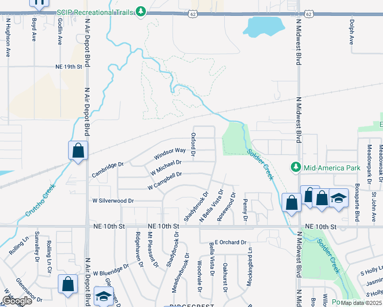 map of restaurants, bars, coffee shops, grocery stores, and more near 207 Windsor Way in Midwest City
