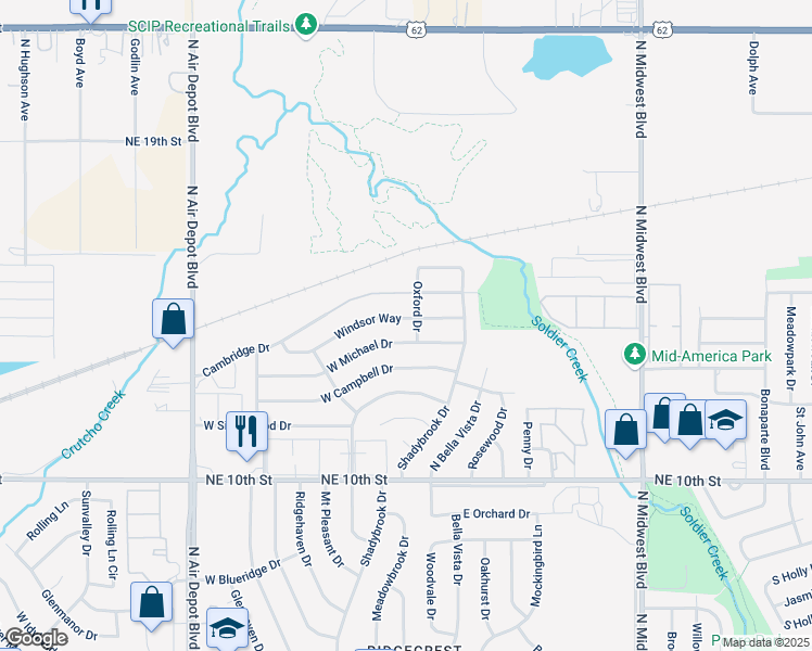 map of restaurants, bars, coffee shops, grocery stores, and more near 207 Windsor Way in Midwest City