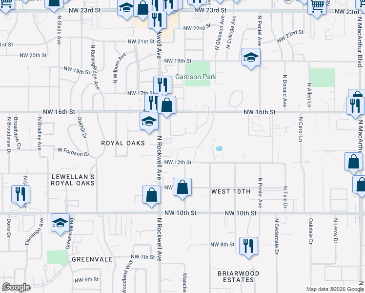 map of restaurants, bars, coffee shops, grocery stores, and more near 6911 Northwest 13th Street in Oklahoma City