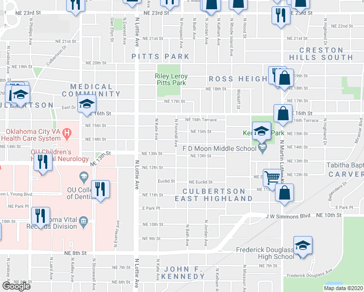 map of restaurants, bars, coffee shops, grocery stores, and more near 1444 Northeast 14th Street in Oklahoma City