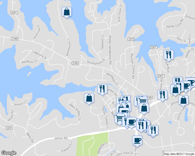 map of restaurants, bars, coffee shops, grocery stores, and more near 20402 Queensdale Drive in Cornelius
