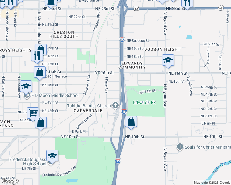 map of restaurants, bars, coffee shops, grocery stores, and more near 1501 Northeast Grand Boulevard in Oklahoma City