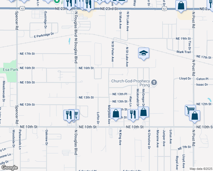 map of restaurants, bars, coffee shops, grocery stores, and more near 1505 Marydale Avenue in Midwest City