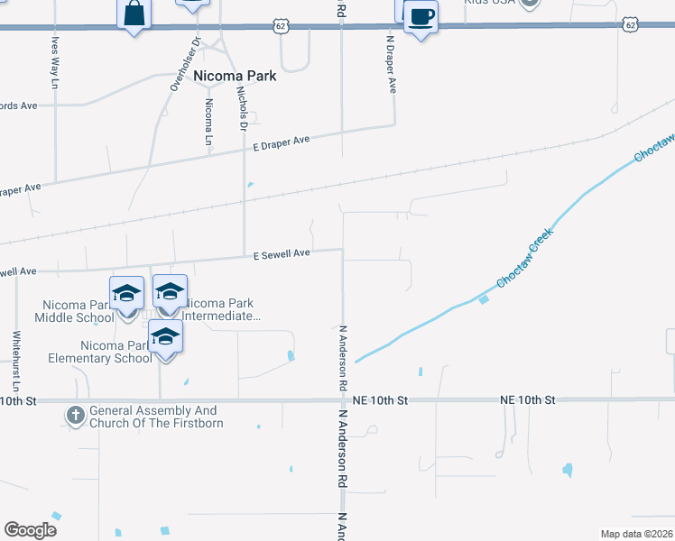 map of restaurants, bars, coffee shops, grocery stores, and more near 1515 North Anderson Road in Choctaw