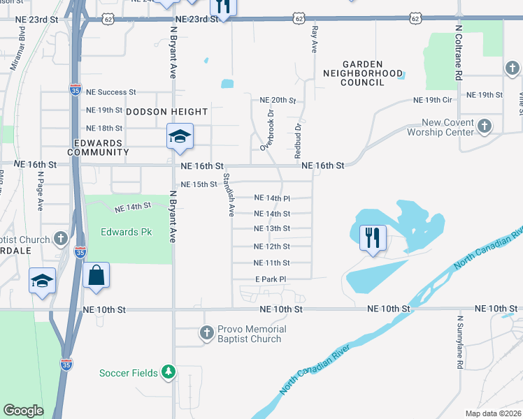 map of restaurants, bars, coffee shops, grocery stores, and more near 3212 Northeast 14th Place in Oklahoma City