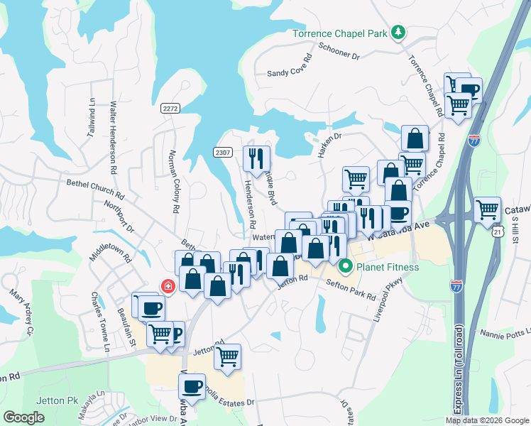 map of restaurants, bars, coffee shops, grocery stores, and more near 19819 West Catawba Avenue in Cornelius