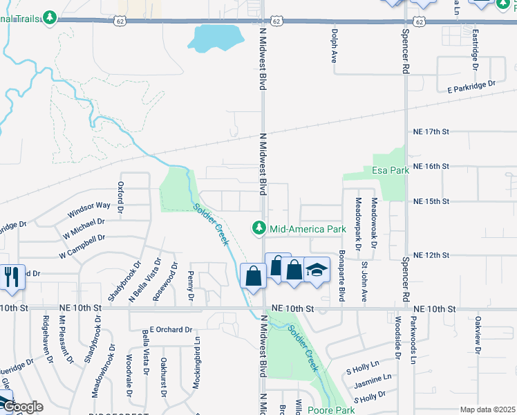 map of restaurants, bars, coffee shops, grocery stores, and more near 1403 North Midwest Boulevard in Midwest City