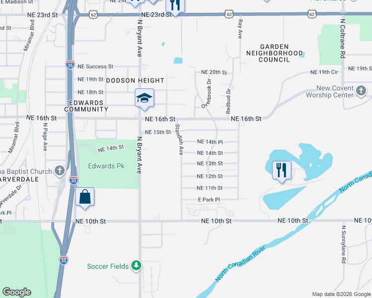 map of restaurants, bars, coffee shops, grocery stores, and more near 3108 Northeast 14th Place in Oklahoma City