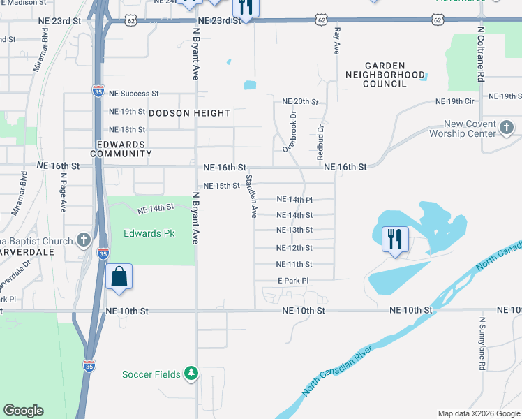 map of restaurants, bars, coffee shops, grocery stores, and more near 3108 Northeast 14th Place in Oklahoma City