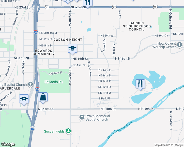 map of restaurants, bars, coffee shops, grocery stores, and more near 3108 Northeast 14th Place in Oklahoma City