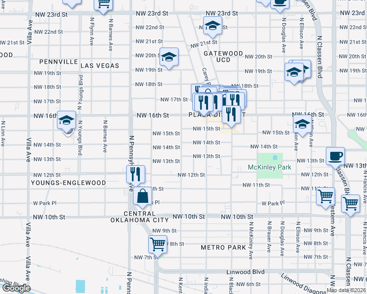 map of restaurants, bars, coffee shops, grocery stores, and more near 1505 North Kentucky Avenue in Oklahoma City