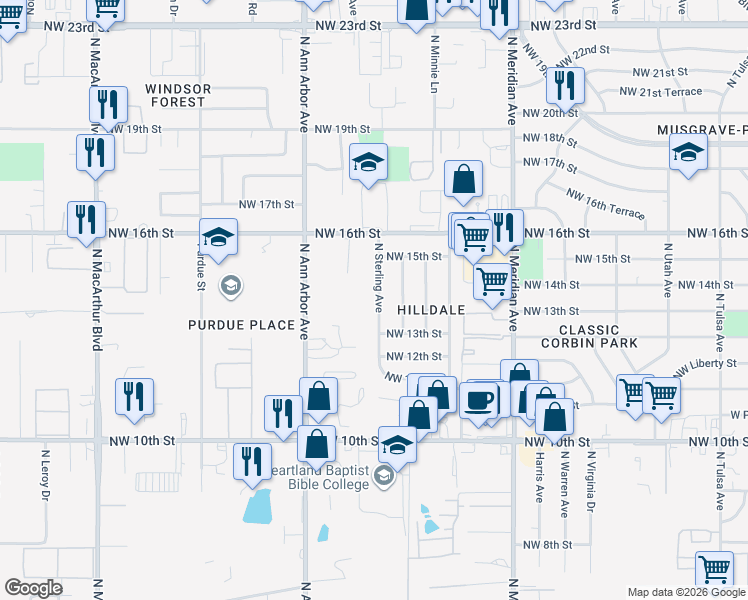 map of restaurants, bars, coffee shops, grocery stores, and more near 1500 North Sterling Avenue in Oklahoma City