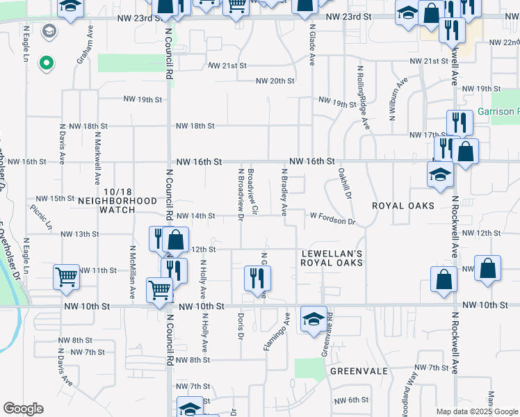map of restaurants, bars, coffee shops, grocery stores, and more near 1513 Brown Oaks Drive in Oklahoma City
