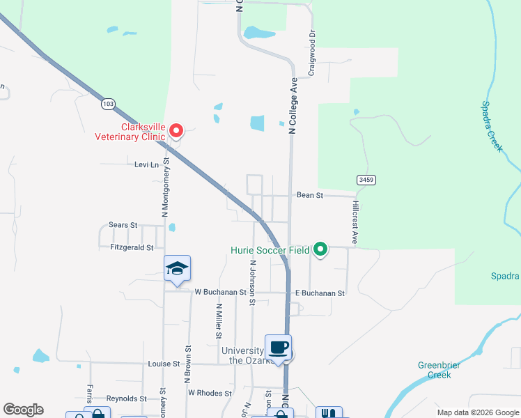map of restaurants, bars, coffee shops, grocery stores, and more near 205 East Stanton Drive in Clarksville