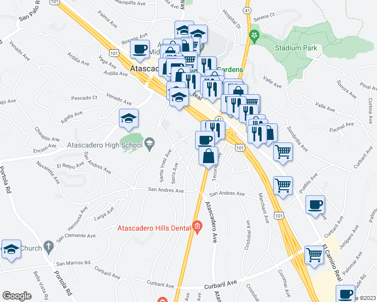 map of restaurants, bars, coffee shops, grocery stores, and more near 6690 Navajoa Avenue in Atascadero