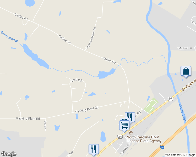map of restaurants, bars, coffee shops, grocery stores, and more near 484 Packing Plant Road in Smithfield