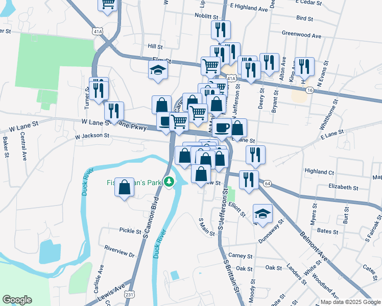 map of restaurants, bars, coffee shops, grocery stores, and more near 201 North Spring Street in Shelbyville