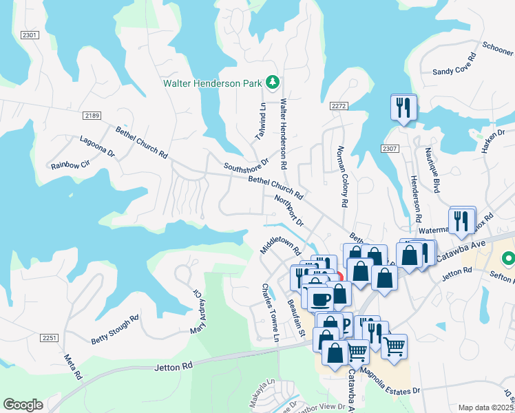 map of restaurants, bars, coffee shops, grocery stores, and more near 20402 Queensdale Drive in Cornelius