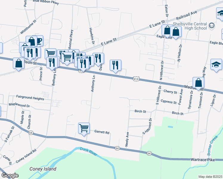 map of restaurants, bars, coffee shops, grocery stores, and more near 113 Hay Street in Shelbyville