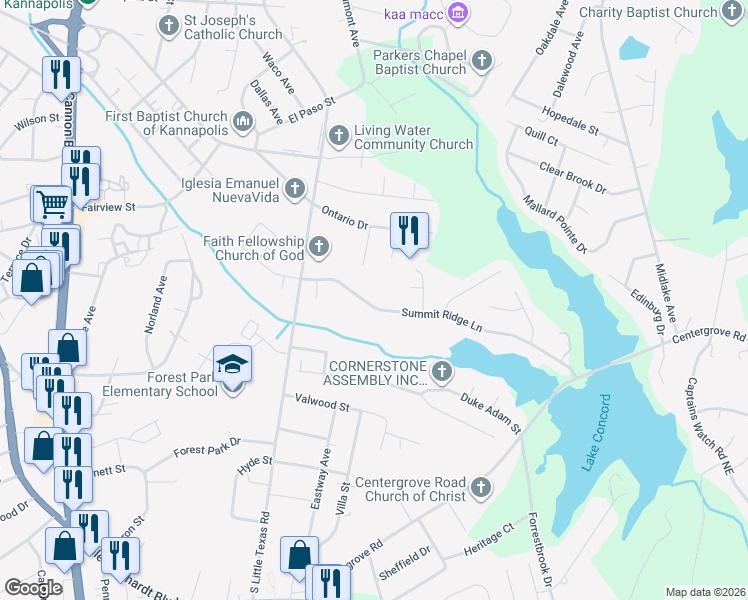 map of restaurants, bars, coffee shops, grocery stores, and more near 1631 Summit Ridge Lane in Kannapolis