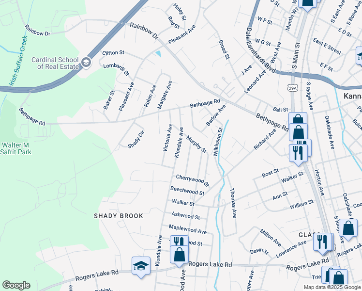 map of restaurants, bars, coffee shops, grocery stores, and more near 907 Klondale Avenue in Kannapolis