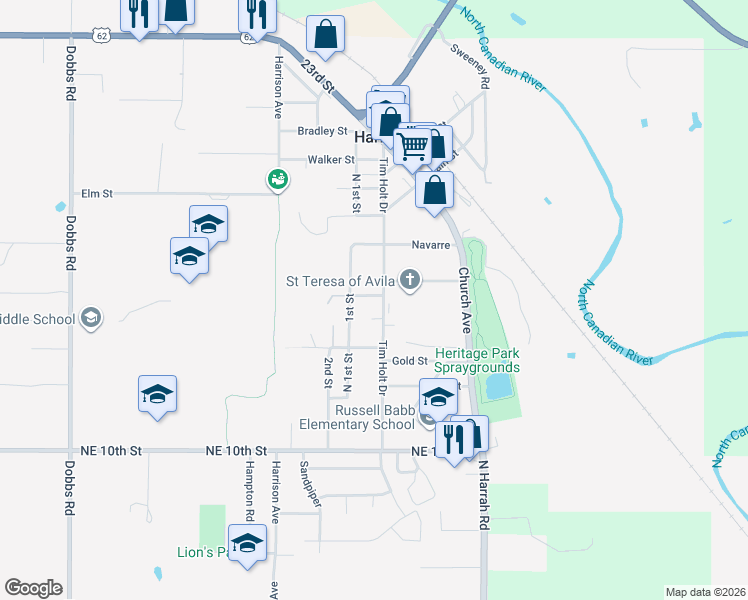 map of restaurants, bars, coffee shops, grocery stores, and more near 1569 Tim Holt Drive in Harrah