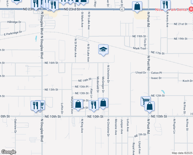 map of restaurants, bars, coffee shops, grocery stores, and more near 9449 Northeast 14th Street in Midwest City