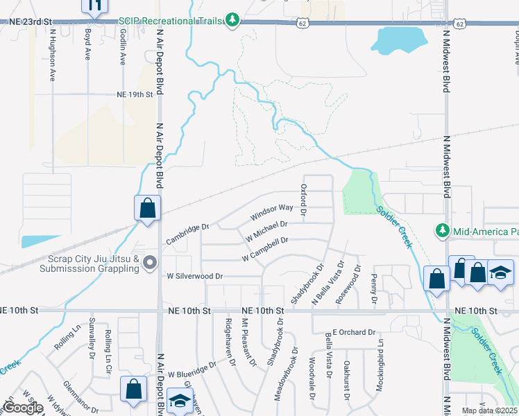 map of restaurants, bars, coffee shops, grocery stores, and more near 239 Windsor Way in Midwest City