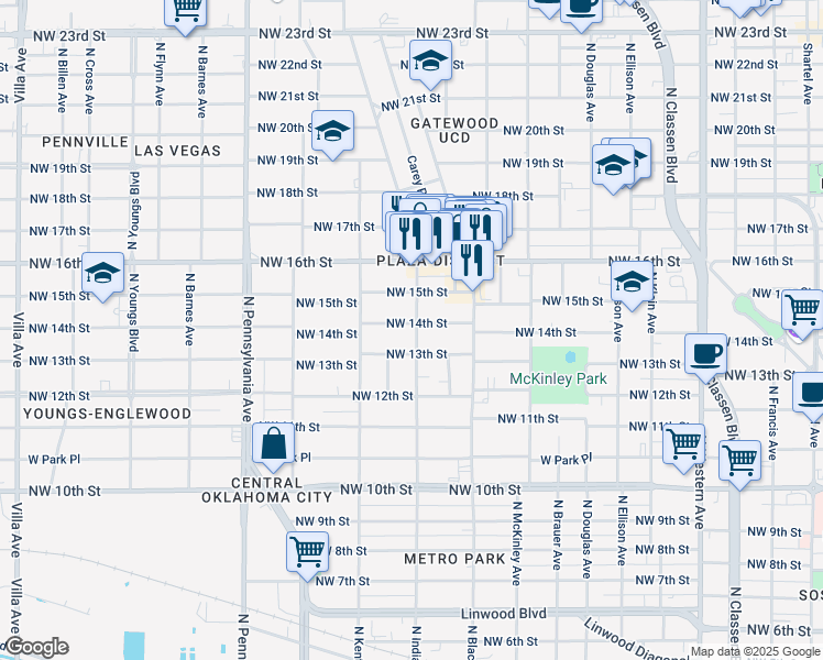 map of restaurants, bars, coffee shops, grocery stores, and more near 1816 Northwest 14th Street in Oklahoma City